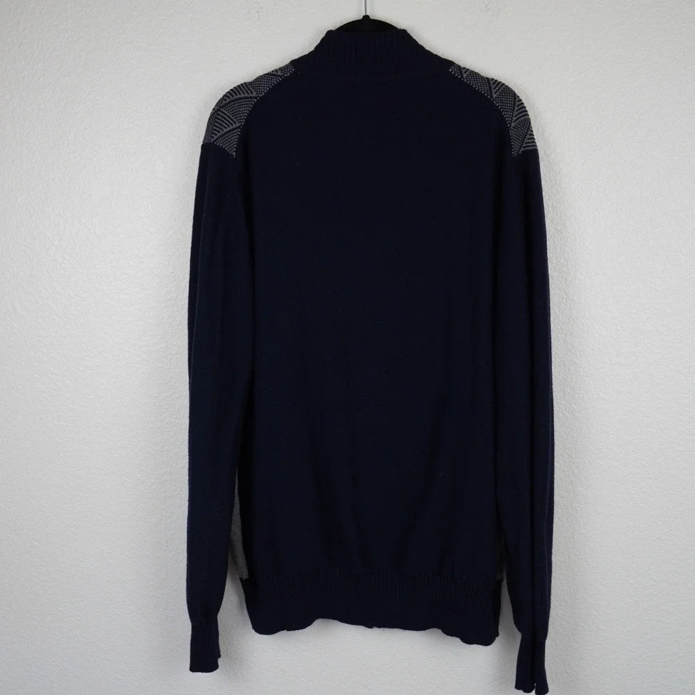 Sean John Mens Zip Up‎ Cardigan Sweater Navy Blue Gray Geometric Pattern XL